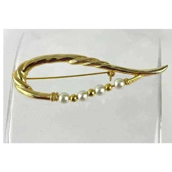 Faux Pearl Bead Brooch Pin Long Twisted Design VTG Gold Tone Metal - Picture 8 of 8